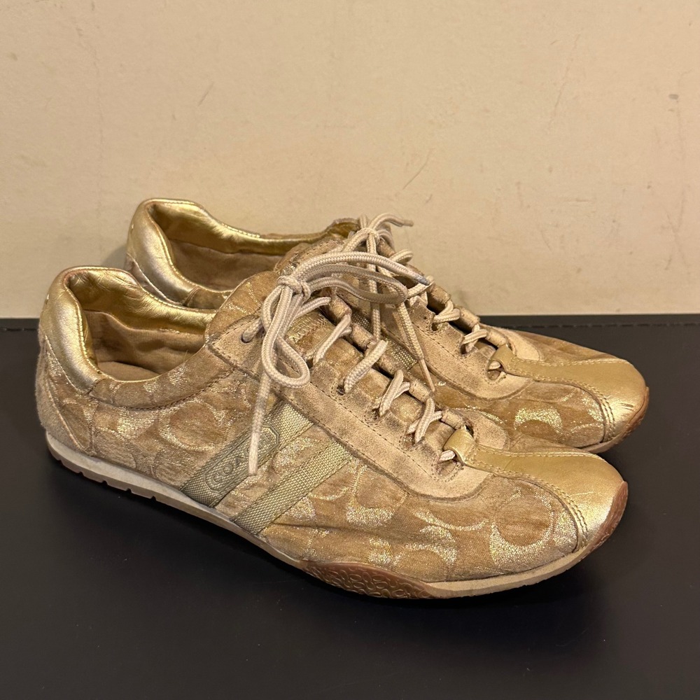 Coach Signature C Monogram Metallic Gold Jacquard Low Top Sneakers Womens